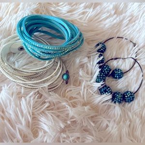 4 Pieces Bundle of Jewelry. 2 Bracelets. Ring. Earrings. Blue/White. Bejeweled.